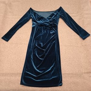 SHEIN Velvet Long Sleeve Dress in Deep Blue